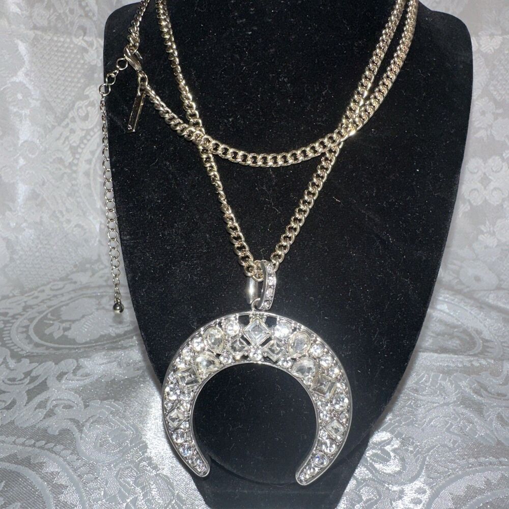 Crescent Moon  Large Rhinestone Pendent With Long Chain